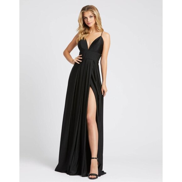 IEENA Mac Duggal 26165I Deep V Neck High Slit Sleeveless Gown Black Womens Size - Picture 1 of 8